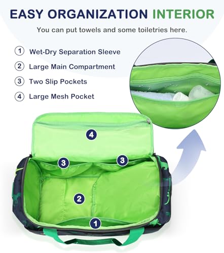 Kids Duffle Bag,VASCHY Travel Bag for Toddler Children Boys Water Resistant Overnight Duffel Ballet Dance Sport Carry On Weekender Bag with Shoes Compartment Dry Wet Pocket Green Dinosaur3