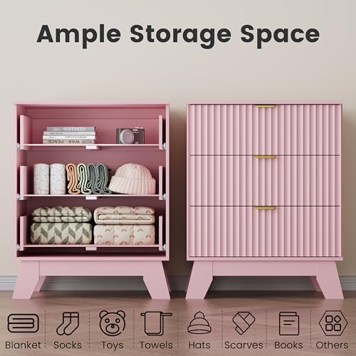 Image of Wodeer Pink Night Stand with 3 Drawers, Bedside Table & End Table, 24 inch Wide Mid Century Modern Fluted Wood Nightstand with Metal Handles, Farmhouse Night Stands for Bedroom