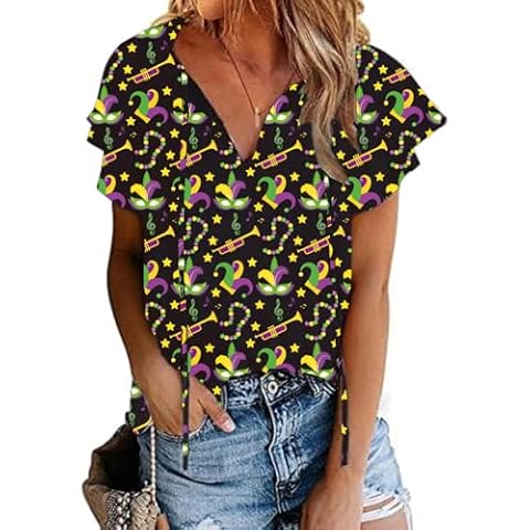 Women's Ruffle Sleeve Casual V Neck Tops Drawstring Mardi Gras Holiday Blouses PGC XXL Cover