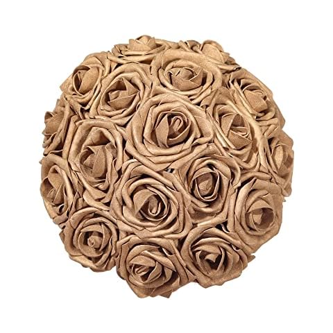 25pcs Artificial Flower，Real Touch Artificial Foam Roses Decoration DIY for Wedding Bridesmaid Bridal Bouquet Centerpieces Party（25,Golden Cover