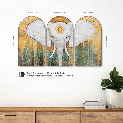 Image of Livin'luxe Majestic White Elephant Wall Painting | Spiritual & Artistic Set of 3 MDF Panels | Golden Teal Abstract Decorative Wall Art for Living Room, Bedroom & Home Decor (20 x 30 Inch) RPNS-28