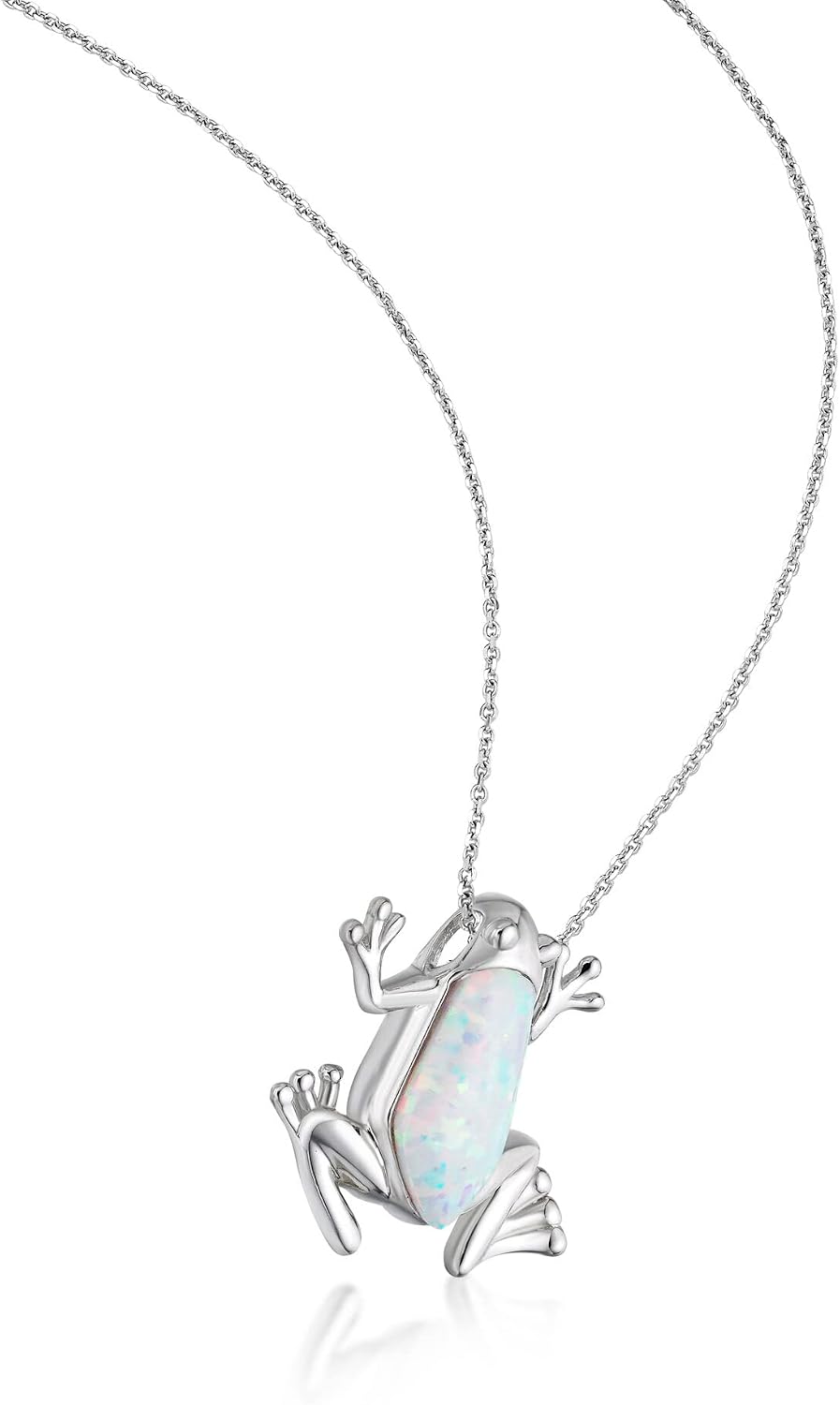 Lavari Jewelers 0.015 Carat Diamond and White Opal Frog Pendant Necklace in 925 Sterling Silver with 18 Inch Box Chain Spring Ring