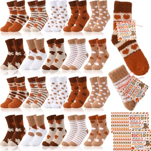 Jeyiour 30 Pairs Fall Thanksgiving Socks Set Soft Fuzzy Sock with Gift Tags Stocking Fluffy Cozy Slipper Stocking Warm Winter Gift for Women