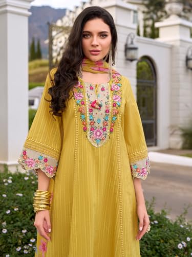Image of INDO ERA Women's Anarkali Pure Cotton Floral Printed Embroidered Kurta & Pant with Dupatta Set (IEOUT10688)