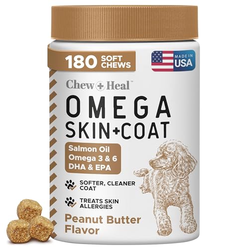 Omega for Dogs - 180 Delicious Soft Chews - Salmon Oil Treats for Skin and Coat, Itch Relief - Fish Oil Blend of Essential Fatty Acids, Omega 3, 6, and 9, and Vitamins - Peanut Butter Flavor