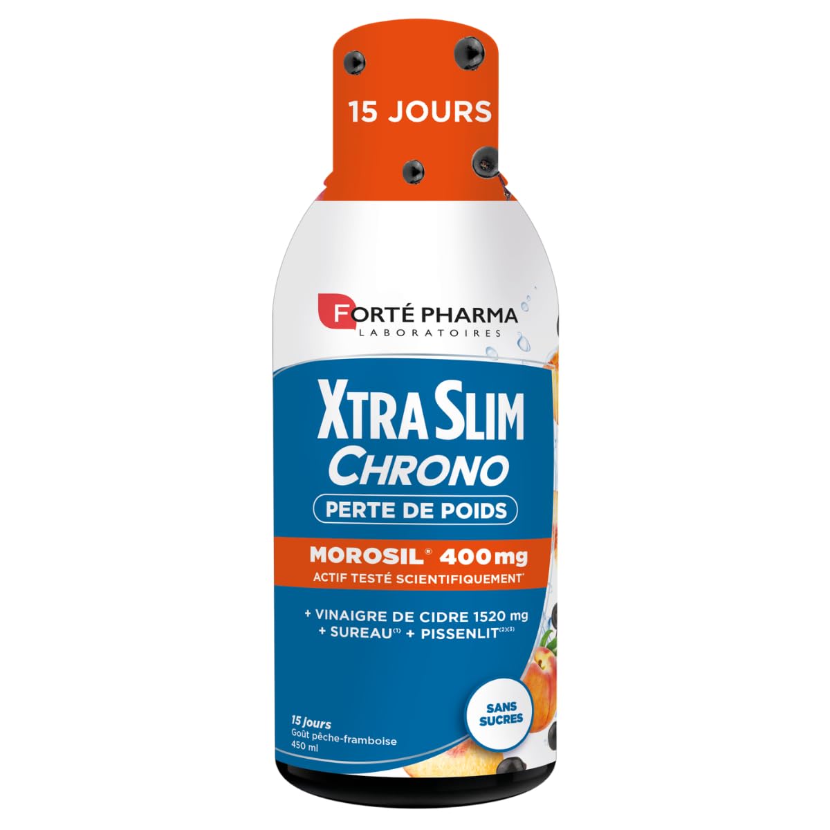 Forté Pharma - XtraSlim Chrono Morosil Liquide - Morosil 400mg testé scientifiquement, Vinaigre de cidre 1520mg, Chrome - Minceur perte de poids - Sans sucres, goût pêche-​framboise - 450ml, 15 jours