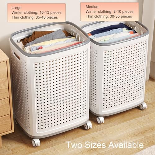 Medium Laundry Hamper with Lid, Plastic Rolling Laundry Basket, Hollow Design Clothes Organizer with Easy Carry Handles for Easy Transport and Storage