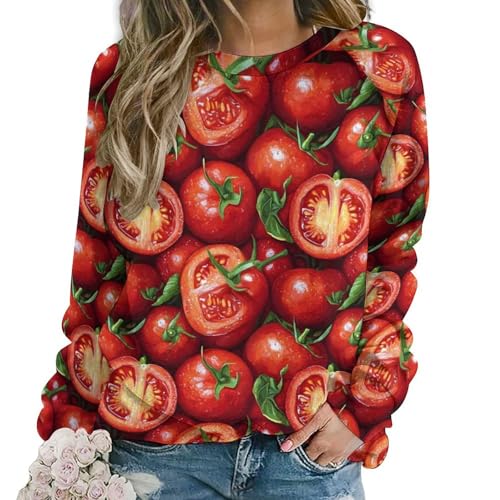 Sweat-shirt imprimé tomates réalistes avec manches longues col rond femme