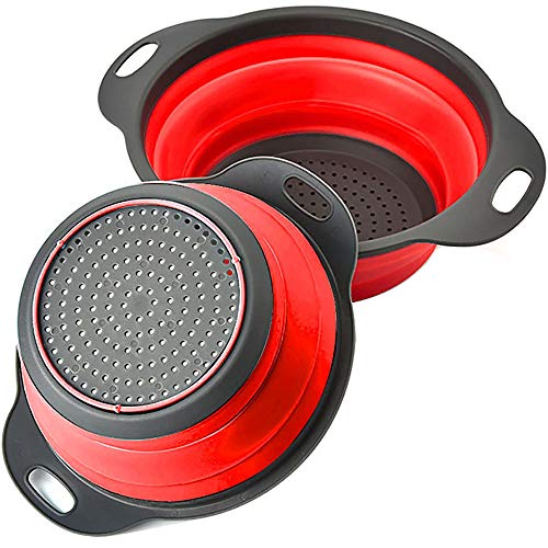 Rikivt Collapsible Colander Set, Dishwasher-Safe & Space-Saving Kitchen Strainers For Pasta, Vegetables, Fruits, 1 Pc 4 Quart And 1 Pc 2 Quart Folding Round Silicone Colander (Red) #TOP9