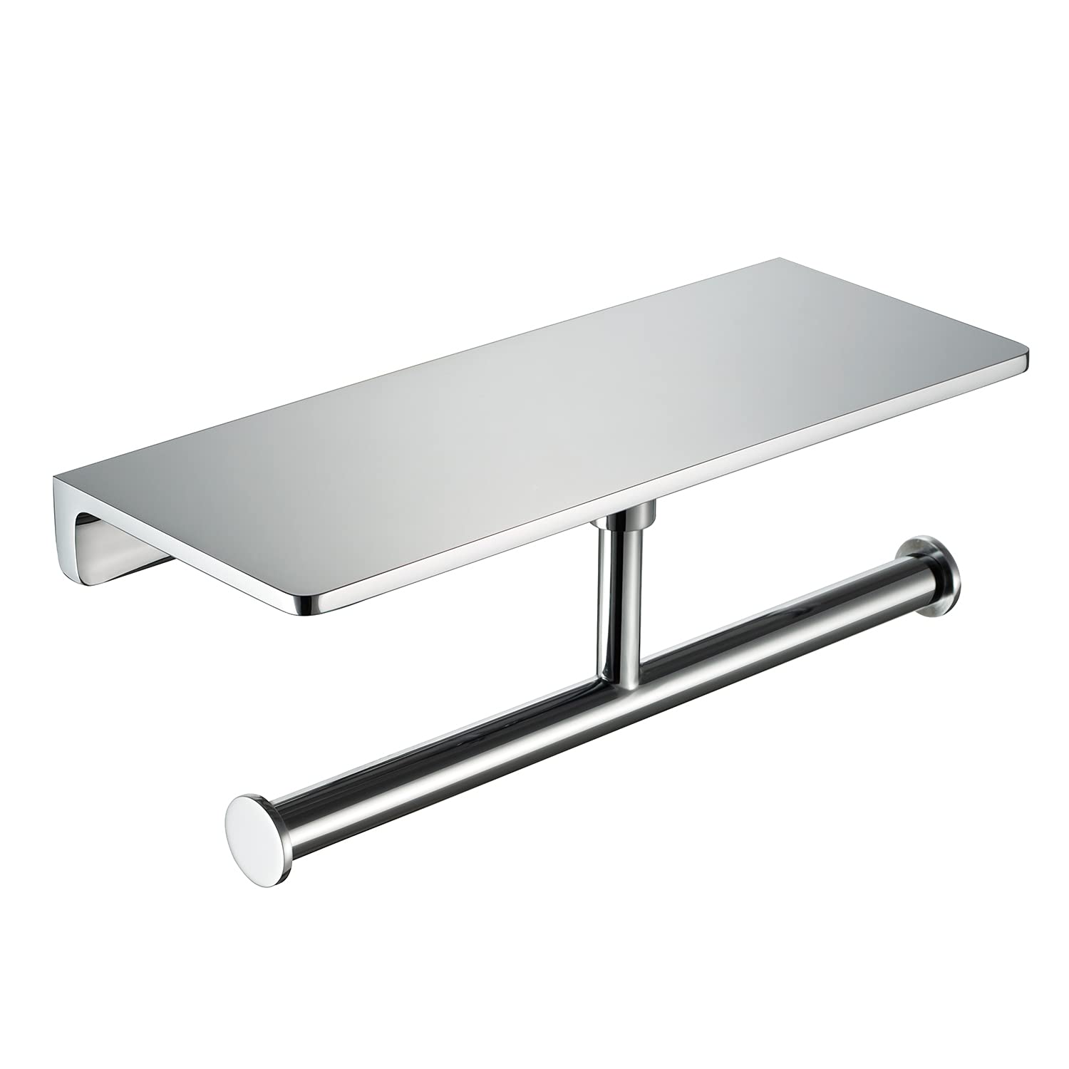 Brass Double Toilet Paper Holder with Large Phone Shelf, Tissue Paper Roll Holder with Oversized Storage Panel, Commercial Dual Roll Toilet Paper Dispenser, Wall Mounted with Screws, Polished Chrome