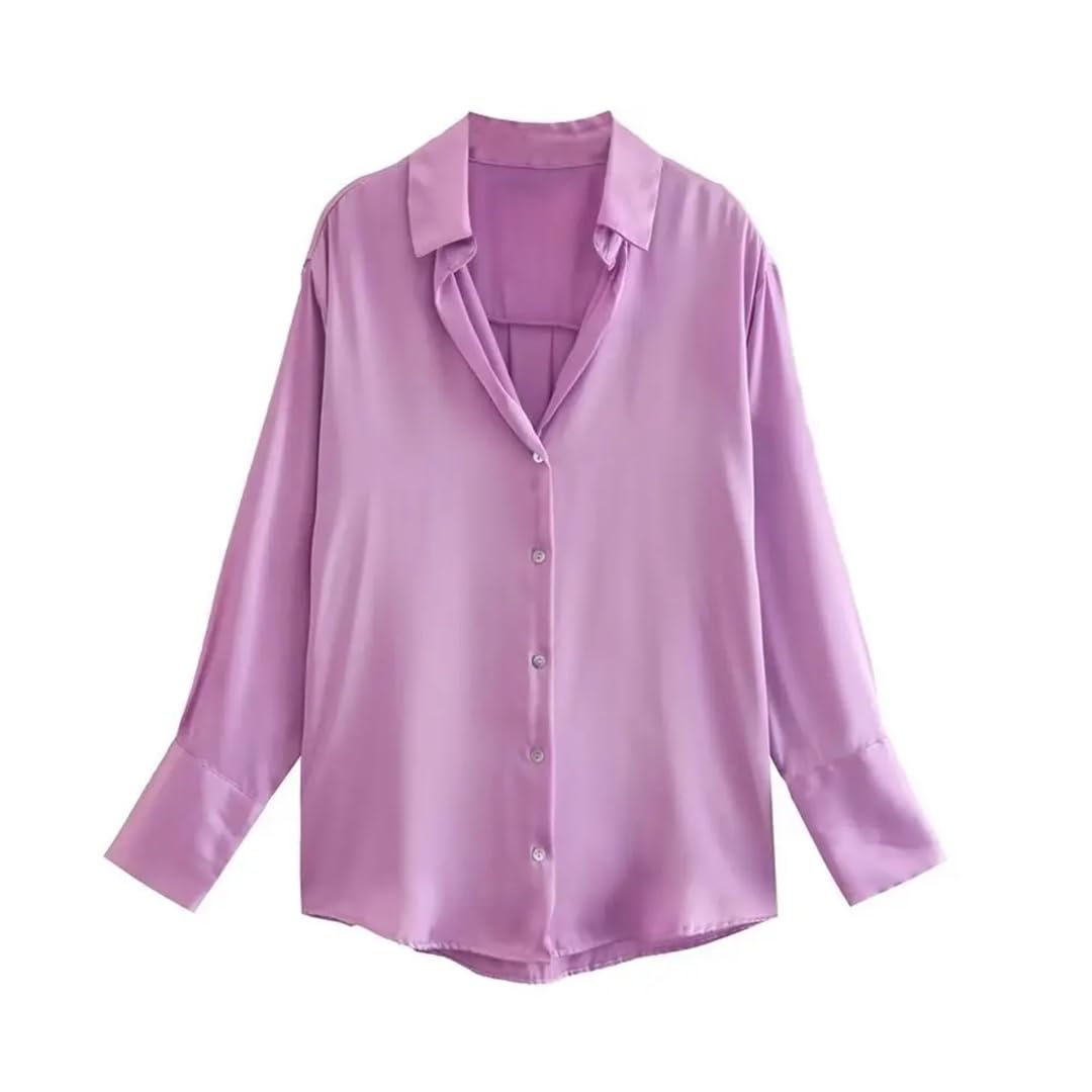 Camisas sueltas de satén de moda para mujer, estilo vintage, manga larga, botones frontales, blusas femeninas elegantes