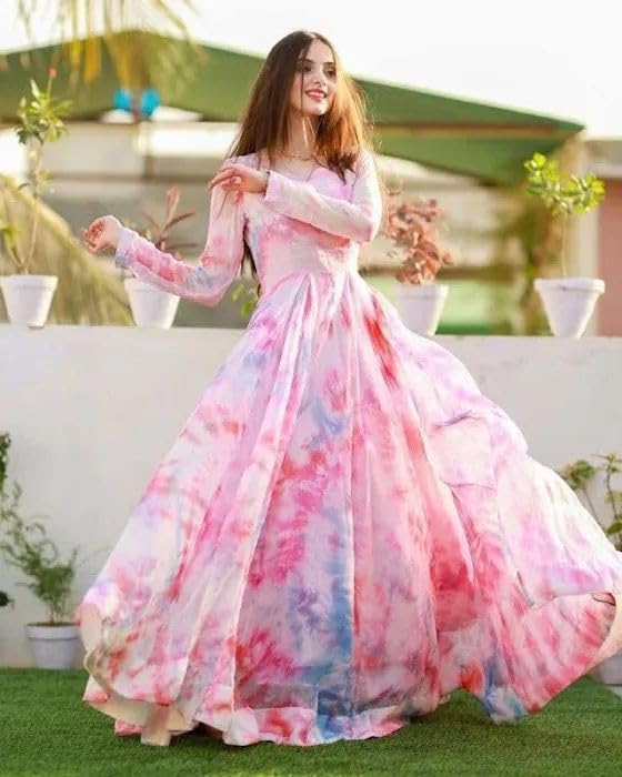 Image of DIGAMBARA Digital Floral Printed Georgette Anarkali Gown for Women, Ethnic Wear, Maxi Length Gown, Round Neck Half Sleeve, Perfect for Festival, Party and Wedding, Pink