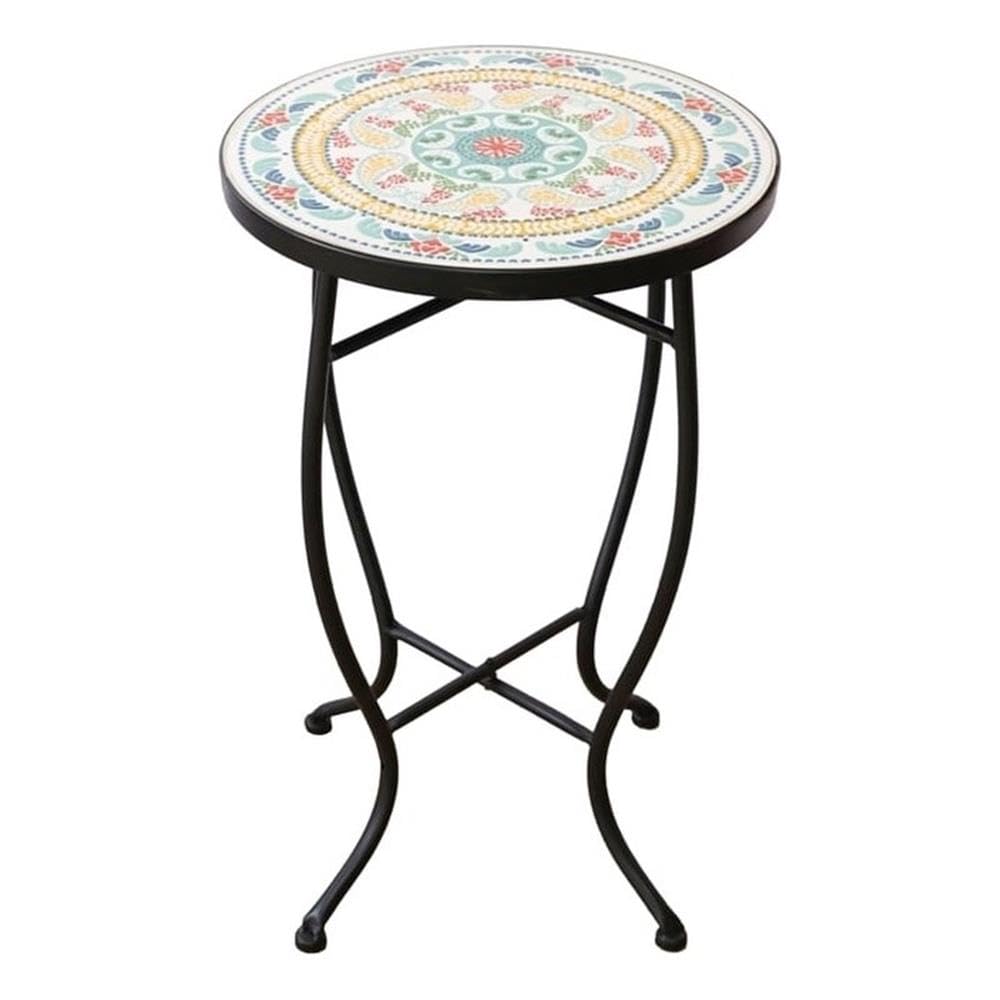 Saint Birch Black Metal Accent Table with Floral Medallion Mosaic Tabletop