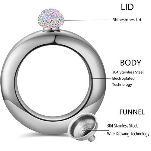 Qingo Bracelet Flask Bangle Flasks Creative Stainless 304 Steeland Hip Flask Funnel Set For Women 3.5 Oz (Sliver With Rhinestones Lid) #TOP6