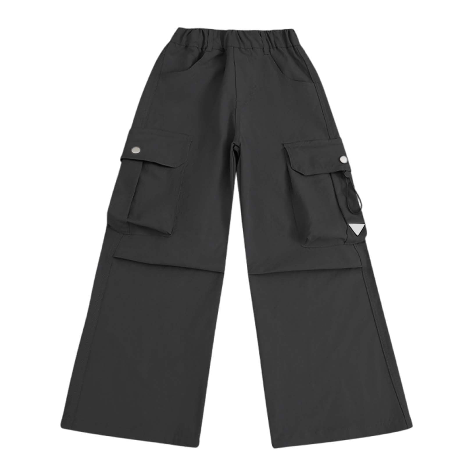 Pantalon cargo à jambe large avec poches pour filles - Taille élastique - Pantalon d'école tendance - Taille haute - Droit - Ample - Style hip-hop uni, Noir , 11-12 ans
