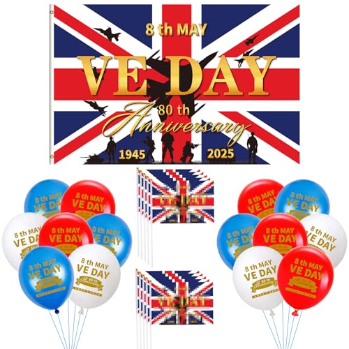 VE Day 80th Anniversary Decorations Include VE Day 80th Anniversary Flag 5x3FT 10 PCS Handheld Flags 15 PCS Balloons