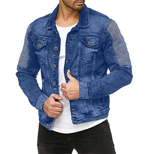 SNOWSONG Mens Denim Trucker Jacket Pleated Long Sleeve Western Style Outwear Jean Coat