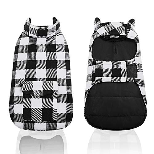 LETSQK Dog Winter Clothes Plaid Reversible Jackets for Small Medium Large Dogs Windproof Warm Vest Pets Cold Weather Coats with Pockets (X-Large, Black)