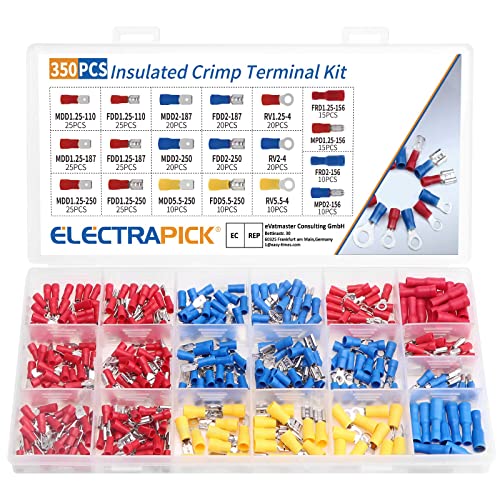 ELECTRAPICK 350Pcs Crimp Connectors, Electrical Connectors Insulated Crimp Ring/Male/Female/Bullet Butt Splice Terminal Connectors 0.5-1.5/1.5-2.5/4-6mm² Wire Terminal Connectors Assortment Kit