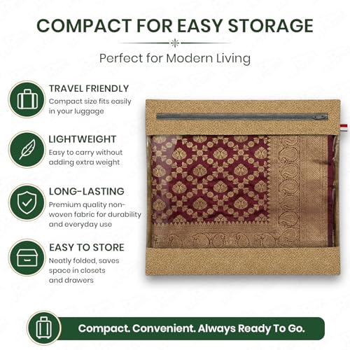 Image of Lukzer Single Non-Woven Leather Printed Saree Covers for Storage Set of 12 (16 x 14 Inch) Big Size Bags with Zip Closure & Transparent Window Wardrobe Organizer for Clothes /Lehenga /Dresses SSC-03-12