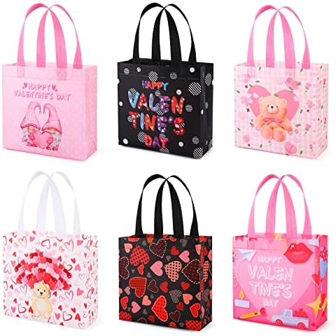 YANGTE 12Pcs Valentine's Day Gift Bags with Handles, Reusable Tote Bags Non-Woven Valentines Gift Bags for Kids Classroom Gift Exchange Party Favor, Gift Giving Goody Bags for Gift Wrapping Cover