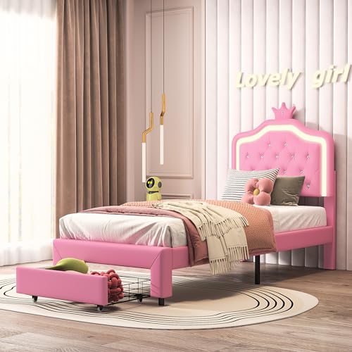 FEEOHOME Kinderbett 90 x 200 cm, für Kinder mit Aufbewahrungsschublade, Prinzessinnenbett mit Lattenrost, Bettrahmen mit LED, für Kinder, Jugendliche (Rosa, 90 x 200 cm) FEEOHOME Kinderbett 90 x 200 cm, für Kinder mit Aufbewahrungsschublade, Prinzessinnenbett mit Lattenrost, Bettrahmen mit LED, für Kinder, Jugendliche (Rosa, 90 x 200 cm)