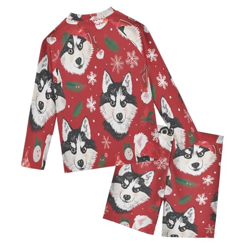 Christmas Husky Pine Branches Boys Swimsuit Rash Guard Toddler Kids Long Sleeve Swim Shirt and Trunks Swimwear Set 3-10Y2