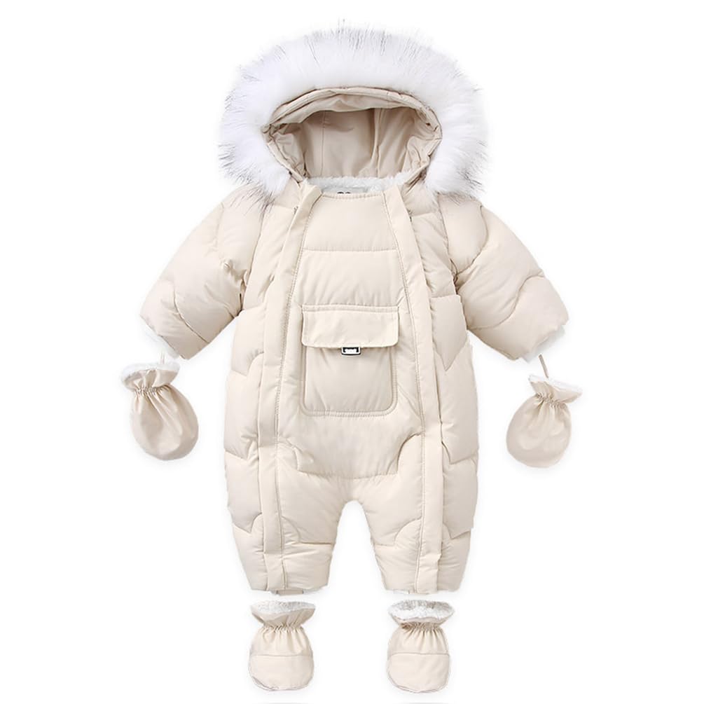 Baby Jungen Mädchen Winter Schneeanzug mit Handschuhen und Schuhen Kleinkind Strampler Kapuze Warm Baby Overall Overall mit Abnehmbarem Pelzbesatz