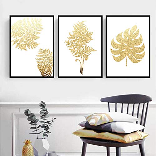 Affiches sur toile déco salon moderne nordique minimaliste feuilles d'or 40x60cm x3