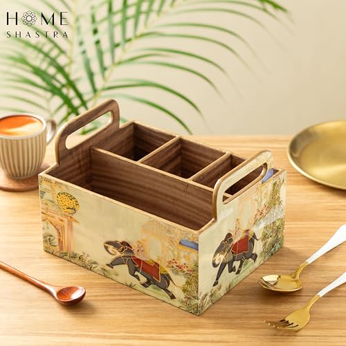 Image of Wooden Cutlery Holder with Gold Engraving | Pack of 1 | Size : 9 x 7 x 5.5 inch | Enamel Coated Waterproof | Cutlery Holder for Dining Table | (Royal Elephant)