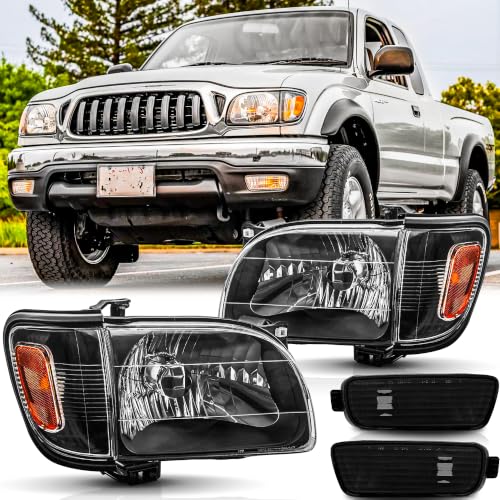 SAFAUTOPARTS Headlights & Corner Lights Assembly Pair for 2001 2002 2003 2004 Toyota Tacoma Head Lamps with Bumper Lights Replacement Driver and Passenger Side,Black Housing Amber Reflector by SAFAUTOPARTS - Used condition - US$64.75