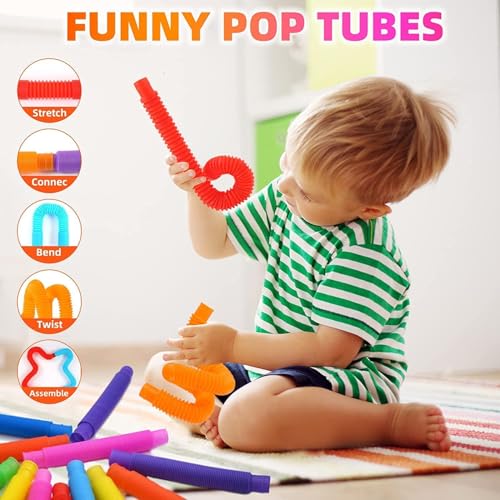 Image of Pop Tubes Fidget Toy, Sensory Tubes, Poppin Pipes for Kids, Stress Relief Stretch Bend Build and Connect Toy, Fidget Toys for Sensory Learning, Colorful Pop Tubes (Pack of 6)