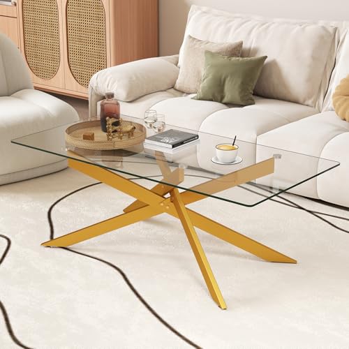 COSTWAY Table Basse Verre Axis, Table Basse Salon Transparente, Plateau Rectangulaire, Pieds...