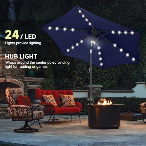 Image of 10ft Solar Patio Umbrella - Outdoor Umbrella with Centre Surround Light 24 LED Lights, Market Table Umbrella with Tilt for Pool, Porch, Garden, Deck, Backyard UV Protection (Navy Blue)