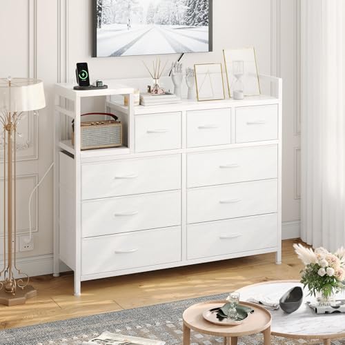 Image of Jojoka TV Stand with Charging Station, Bedroom Dresser for Living Room TV Stand with 9 Drawers, White