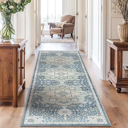 Amada 2'6x8' Washable Runner Rug for Hallway, Blue/Yellow, Vintage Style