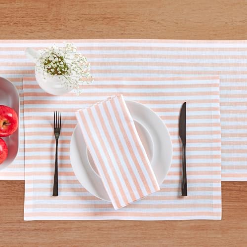 Image of Solino Home 100% Pure Linen Placemats, 14 x 19 in, Coral Striped, Set of 4 | Amalfi Stripe, define each seat for daily meals and dining, woven stripe, European flax fibres, soft, OEKO-TEX Certified
