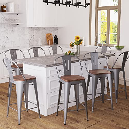 Aklaus Metal Bar Stools Set Of 4,30 Inch Barstools Bar Height Bar Stools With Backs Farmhouse Bar Stools With Larger Seat High Back Kitchen Dining Chairs Modern Bar Chairs 30" Silver Stools #TOP5