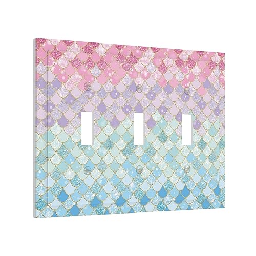 Colorful Mermaid Scales 3 Gang Light Switch Plate Decorative Triple Toggle Wall Plate Cover Electrical Faceplate Swichcovers for Girls Bedroom Kids Baby Nursery Living Room Bathroom Art Panel Decor