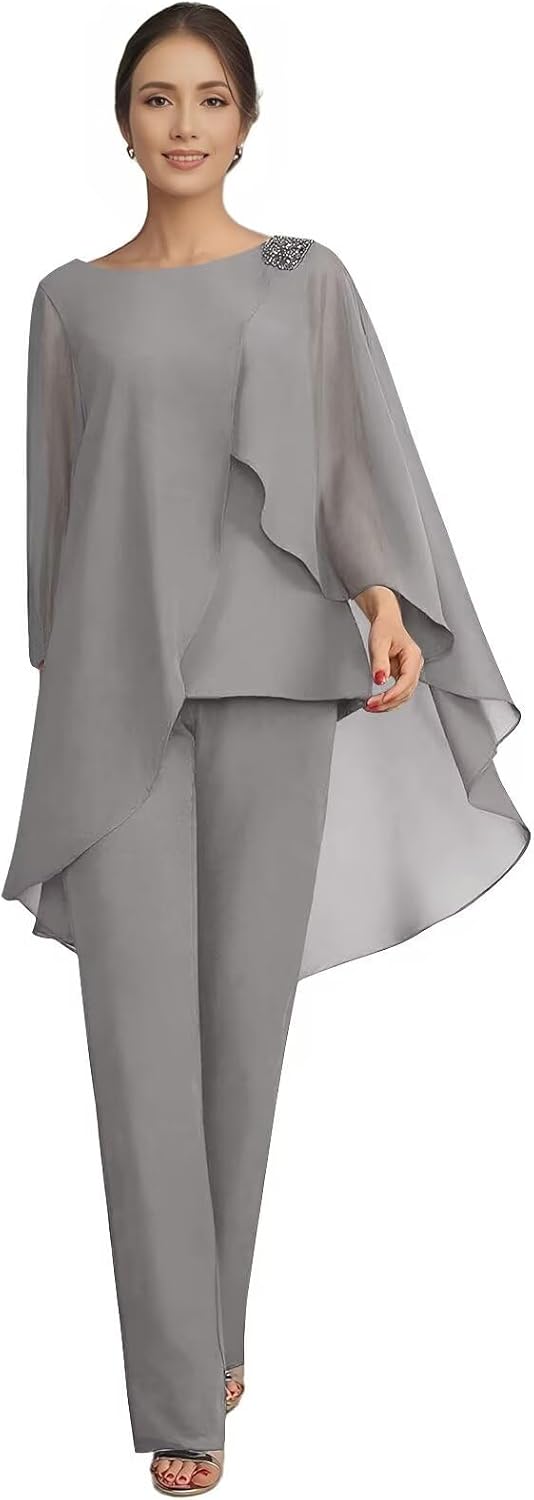 2 Pcs Mother of The Bride Pant Suits for Women Dressy - Chiffon Long Cape Sleeve Beaded Sequin Formal Party Prom Outfit
