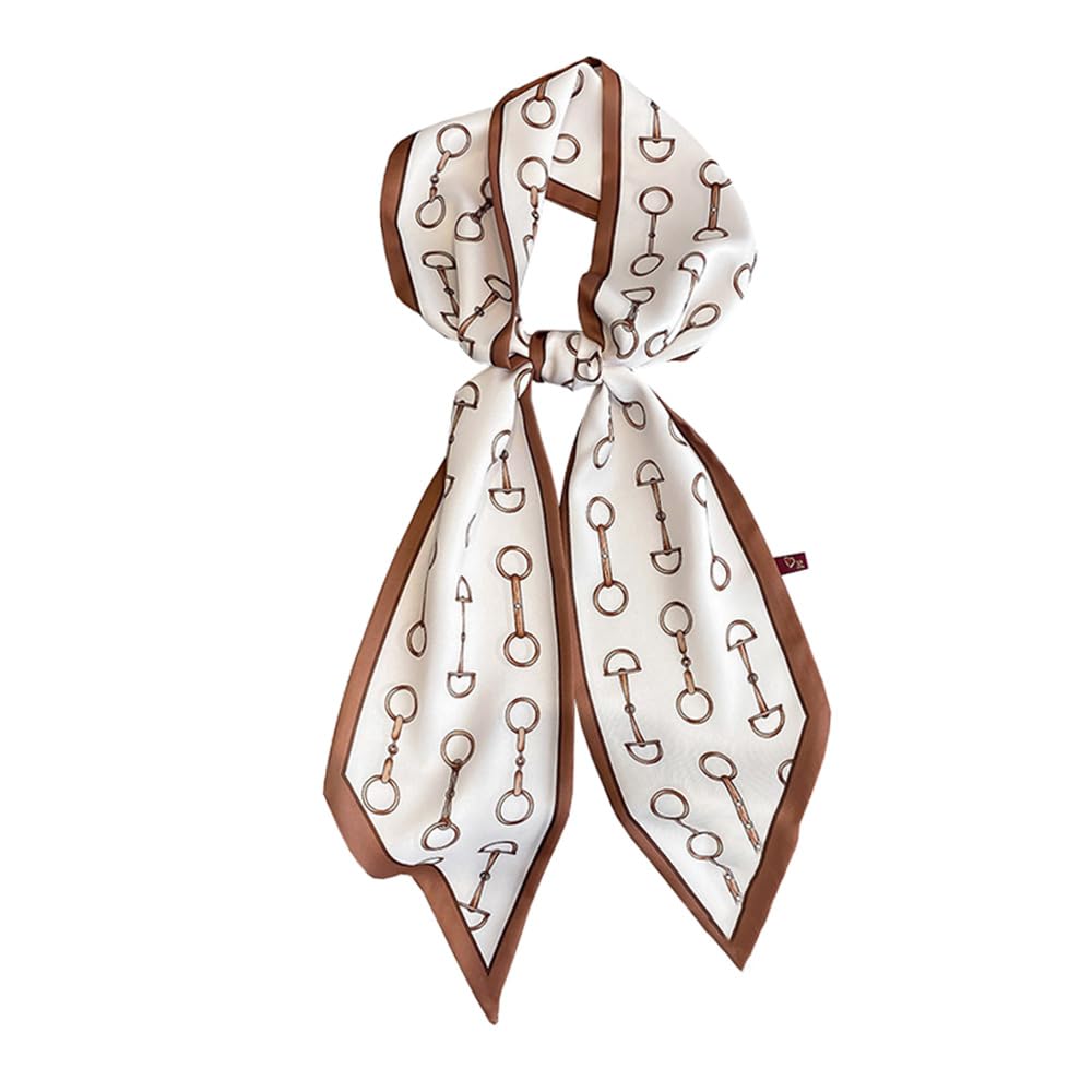 JERLA Mulberry Silk Like Head Scarf Hair band Ribbon Women's Fashion Neck Satin Scarfs for Bag Hair handbag Scarves, Beige and Coffee Horsebit, 59"X5.9"