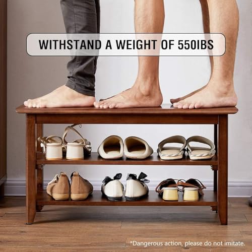 Image of Solid Wood Shoe Rack Bench | 3 Tier Shoe Storage Organizer for Entryway, Hallway & Living Room | Multipurpose Wooden Shoe Stand | Space Saving Footwear Rack for Home | Walnut Finish (120 CM)