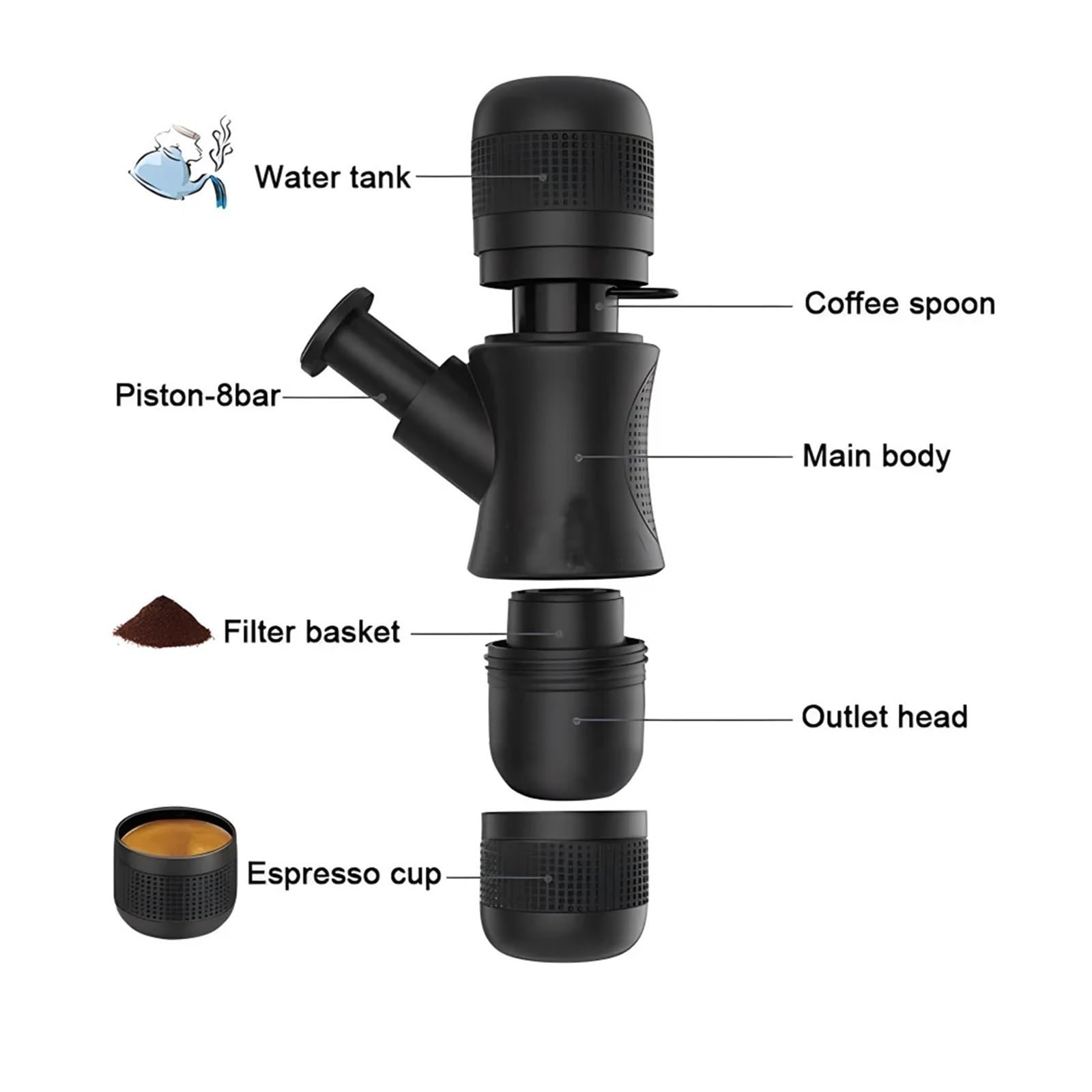 Macchina da Caffè Espresso Portatile, Mini macchina for caffè portatile a presse manuale Macchina for caffè espresso a presse portatile Ufficio/casa Ufficio Viaggio Viaggio all'aperto per viaggi, camp