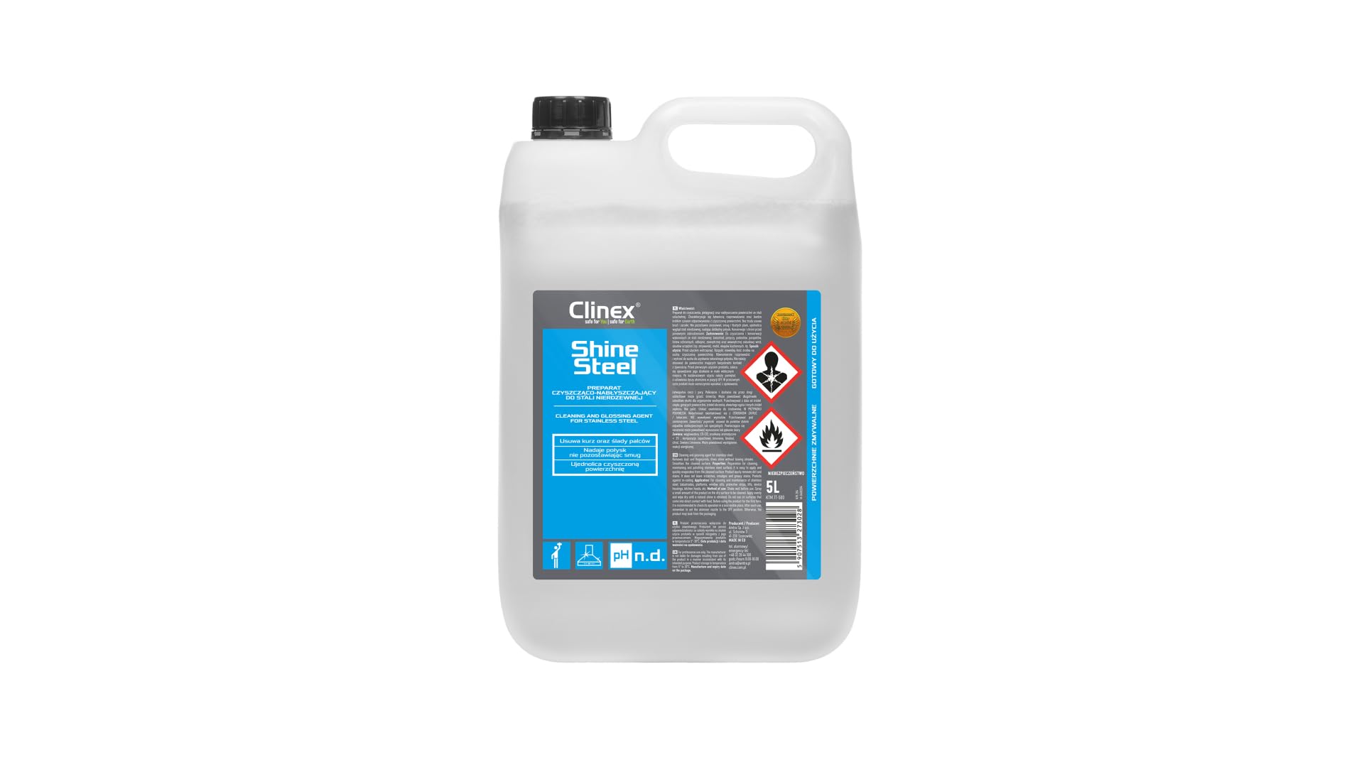 Clinex Shine Steel 5L – środek do czyszczenia stali nierdzewnej – wszechstronne zastosowanie: czyszczenie, polerowanie i pielęgnacja stali nierdzewnej – doskonale sprawdza się w gospodarstwie domowym