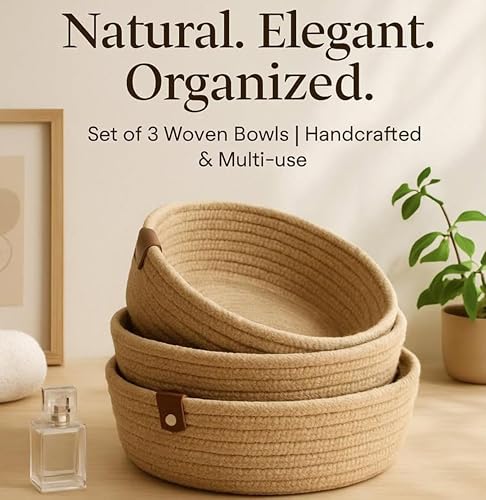 Image of 100% Natural Jute small box mini rope paper storage Round hamper baby nursery tray bucket for Living Kitchen, Drawing Room,fruits, kitchen, office, (beige bowl)