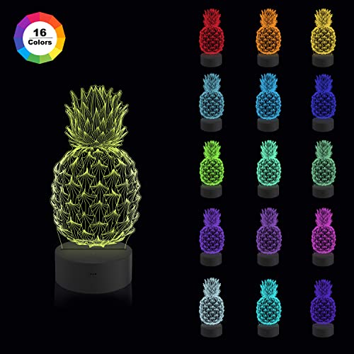 CooPark Pineapple 3D Night Light, Fruit Hologram Illusion Table Lamp with Remote Control 16 Colors Chaning 4 Flashing Mode, Home Decoration Unique Birthday Xmas Idea for Boy Girl Neighbor