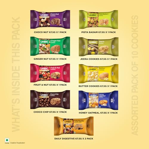 Unibic Cookies Assorted, 67.5G/75 G(Pack Of 10)|Biscuits Combo Pack|Choco Chip|Butter | Fruit&Nut||Honey Oatmeal I Cashew I Jeera I Digestive I 675G/750G Weight may vary
