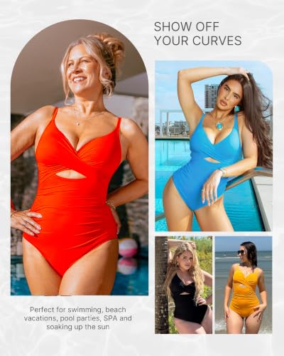 Image of SHAPELLX Tummy Control Swimsuits Women V Neck One Piece Bathing Suit Ruched Push Up Slimming Swimwear Built-in Bra