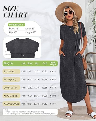 Image of Riyiper 2 Pieces Women's Short Sleeve Maxi Dress Round Neck Casual Loose Split Long Summer Beach Shirt Dress with Pockets (Dark Gray, Army Green,Medium)