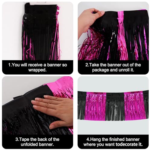 Image of BEISHIDA 3 Packs Metallic Foil Fringe Garland Black Hot Pink Wall Hanging Tinsel Fringe Banners for Car Floats Bridal Shower Wedding Birthday Graduation Holiday Party Decoration(30 Feet)